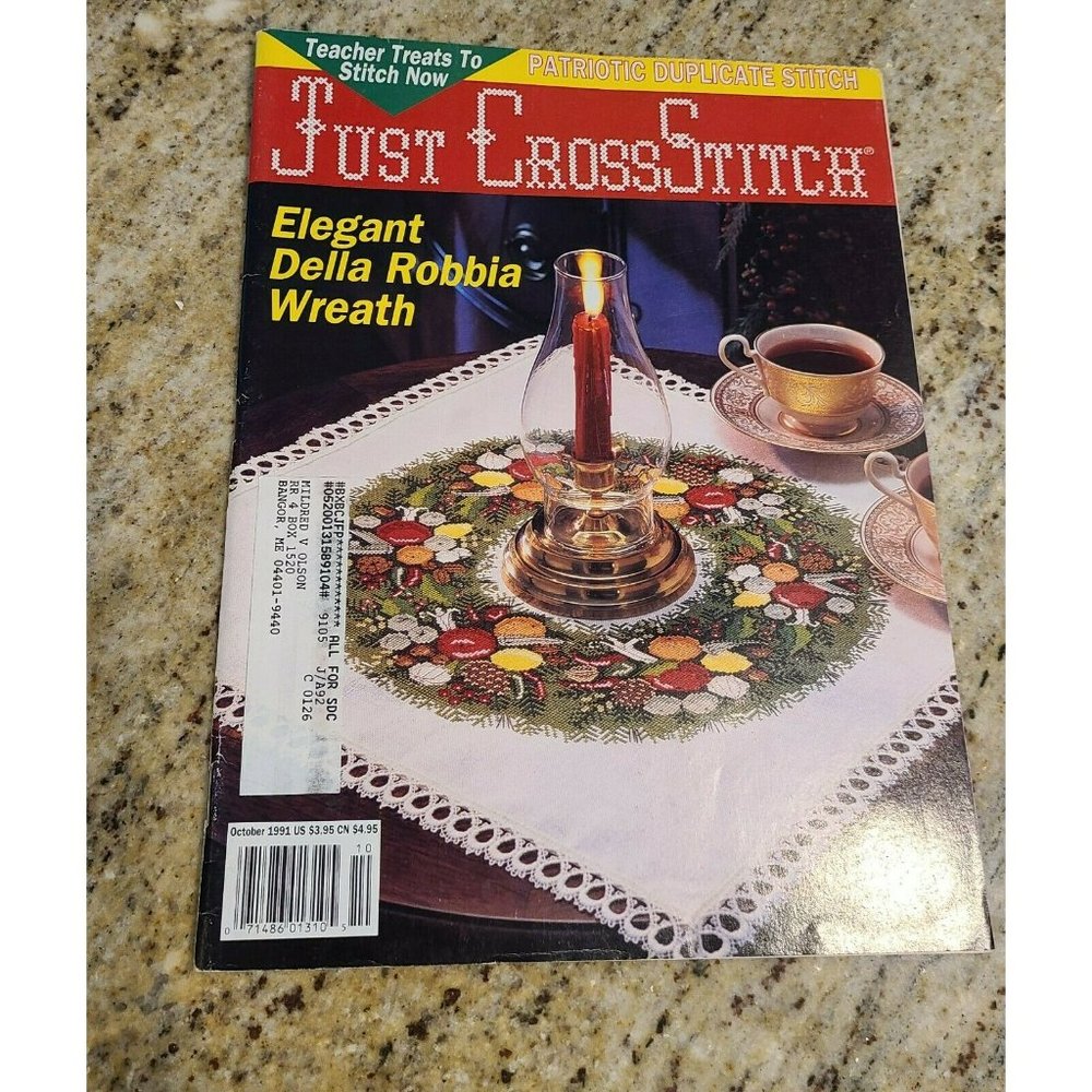 Just Cross Stitch Magazine October 1991 Della Robia Wreath Bobcat Fruit Cottage